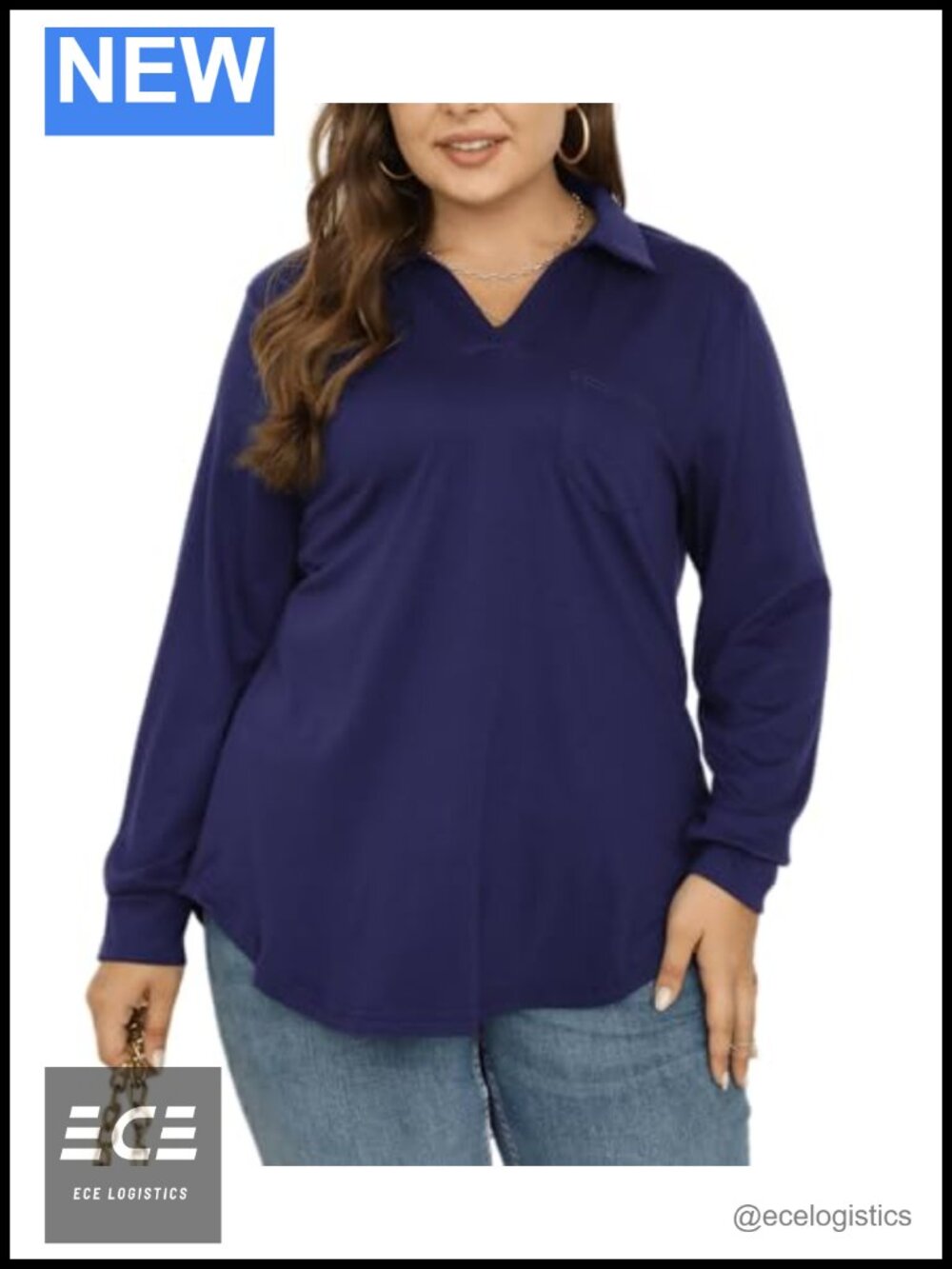 Plus Size Long Sleeve Collared V Neck Business Casual Tunic Blouse Loose Fit